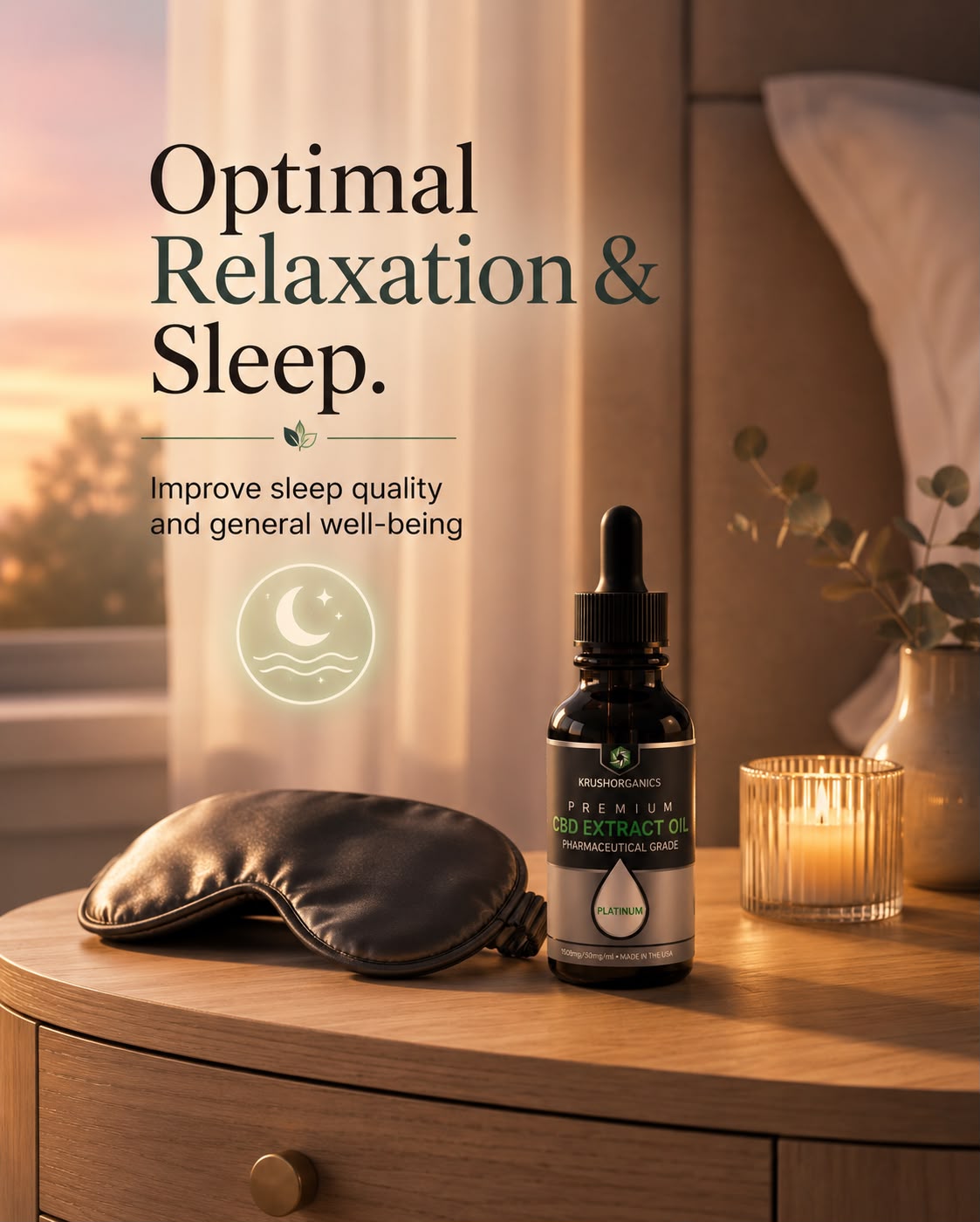 Krush Platinum CBD oil on a nightstand — bedtime wellness moment