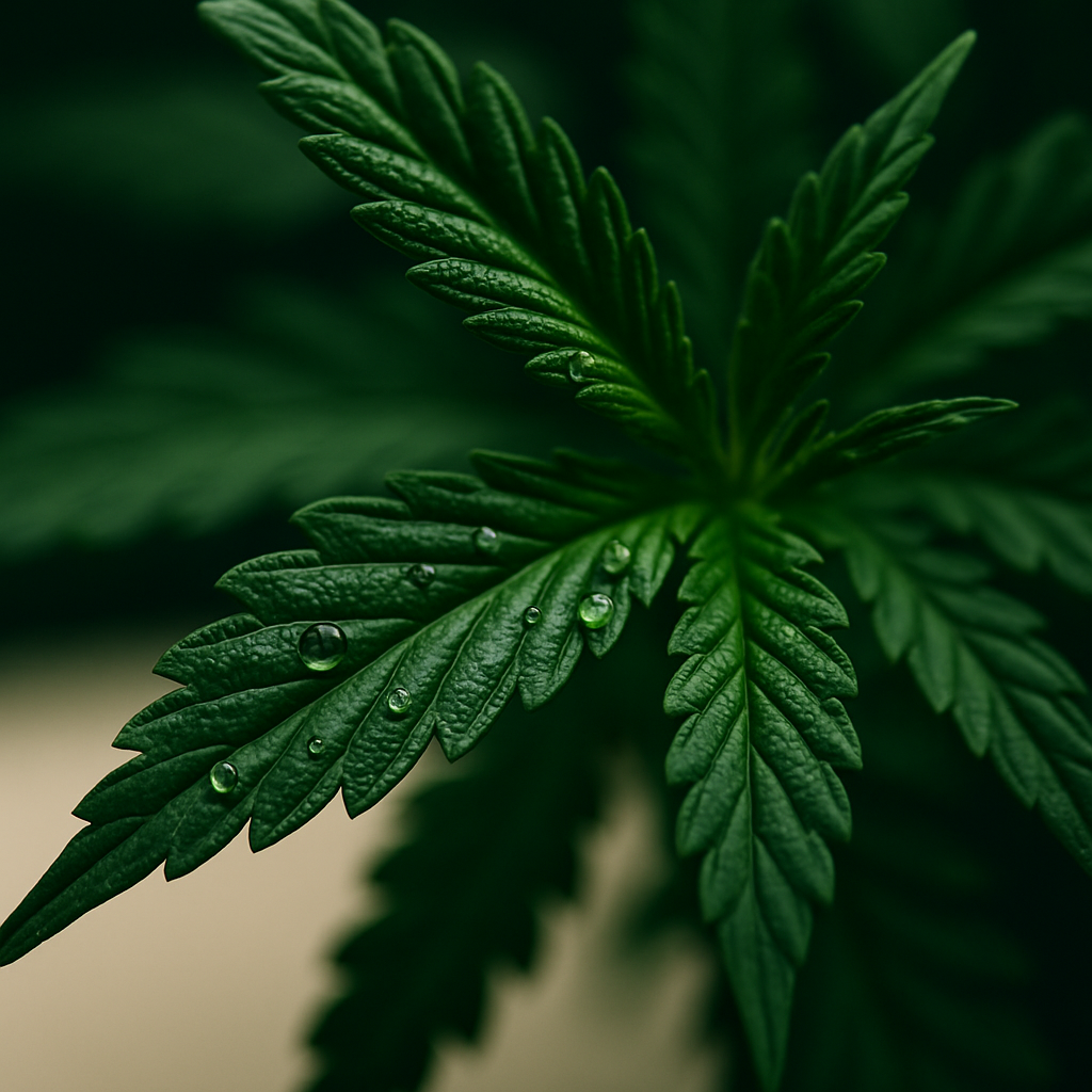Macro view of a hemp leaf with water droplets