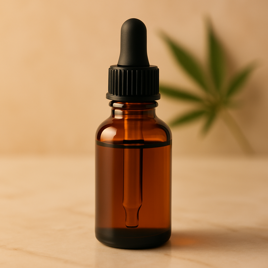 Amber CBD oil dropper bottle with hemp leaf